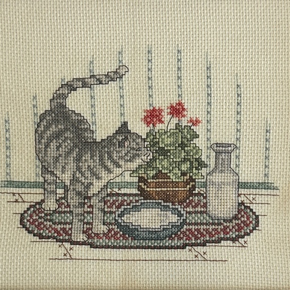 Gray Tabby Kitten Cross Stitch potted flowers milk handcrafted Cat baby nursery - Picture 1 of 4